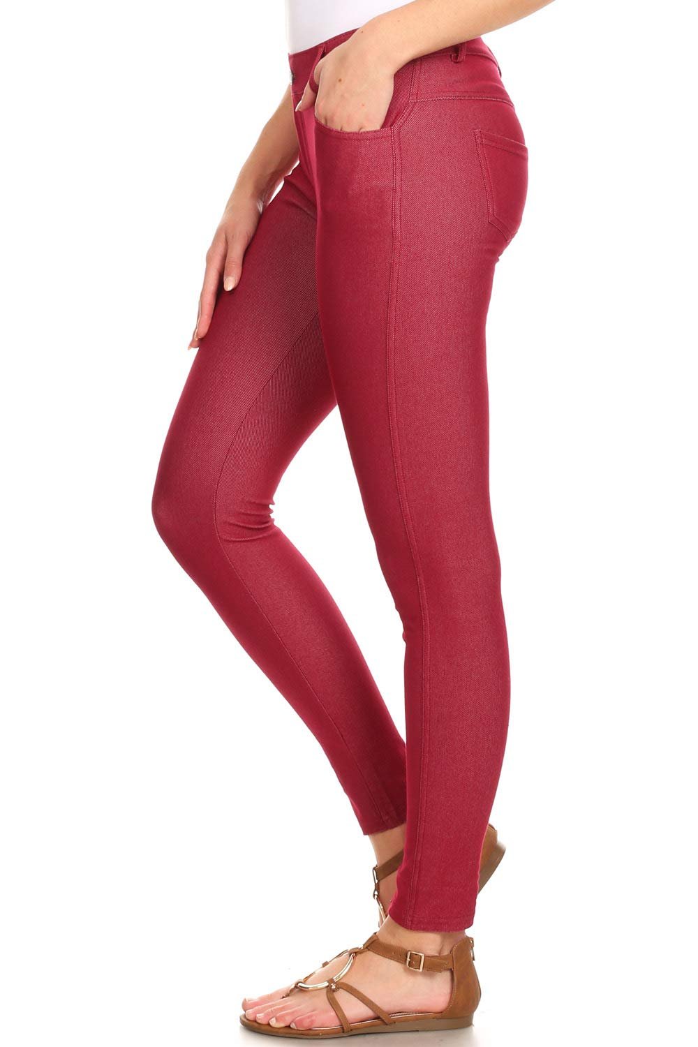 YELETE Women's Full Length Cotton-Blend 5-Pocket Skinny Jeggings Color BURGUNDY Size M