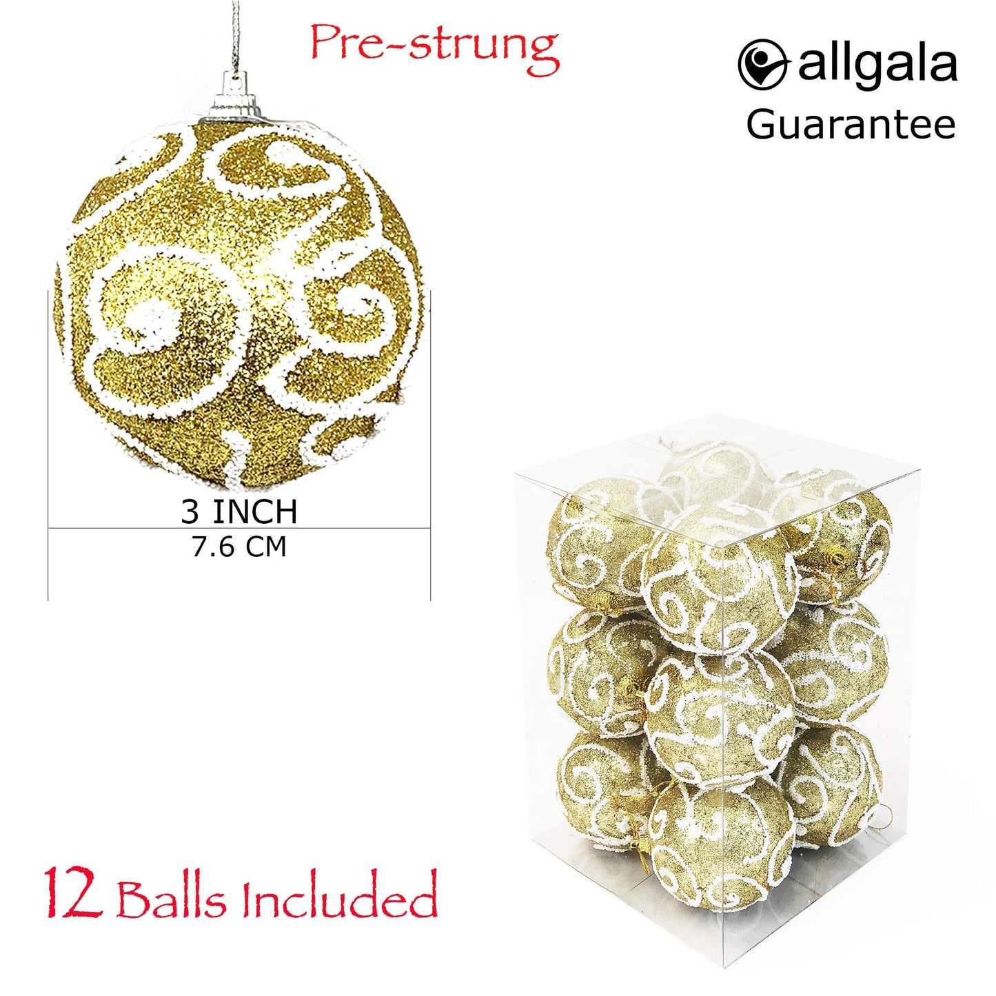 Allgala 12 Pack 3 Inch Christmas Tree Ornament Balls-Glitter Decorated Foam Large Xmas Ball-