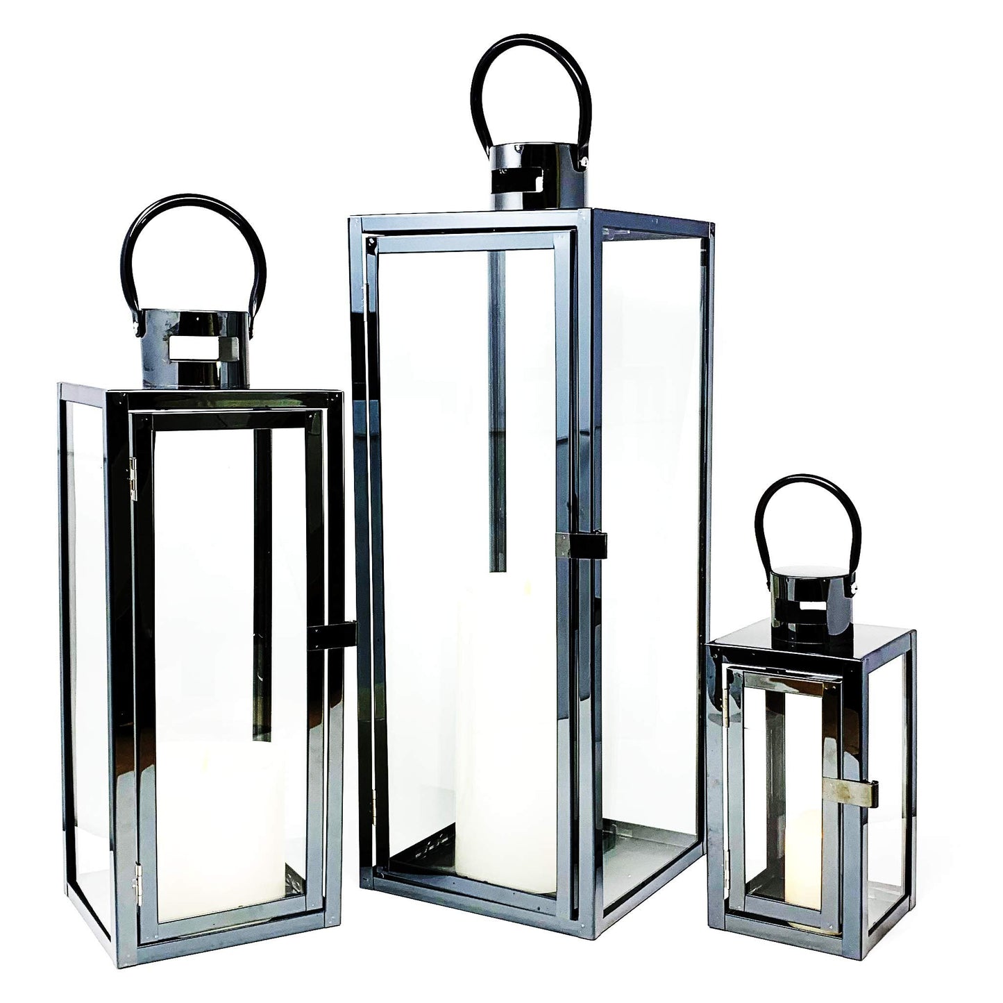Allgala Lantern Set 3-PC Jumbo Deluxe Modern Indoor/Outdoor Candle Lantern Set with Chrome Plated Structure and Tempered Glass for Garden Poolside Fireplace Wedding