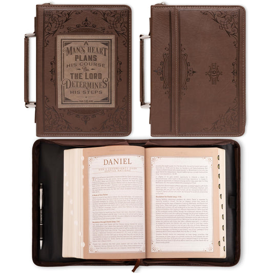 Christian Art Gifts Men's Classic Bible Cover A Man’s Heart Proverbs 16:9, Brown/Tan Faux Leather