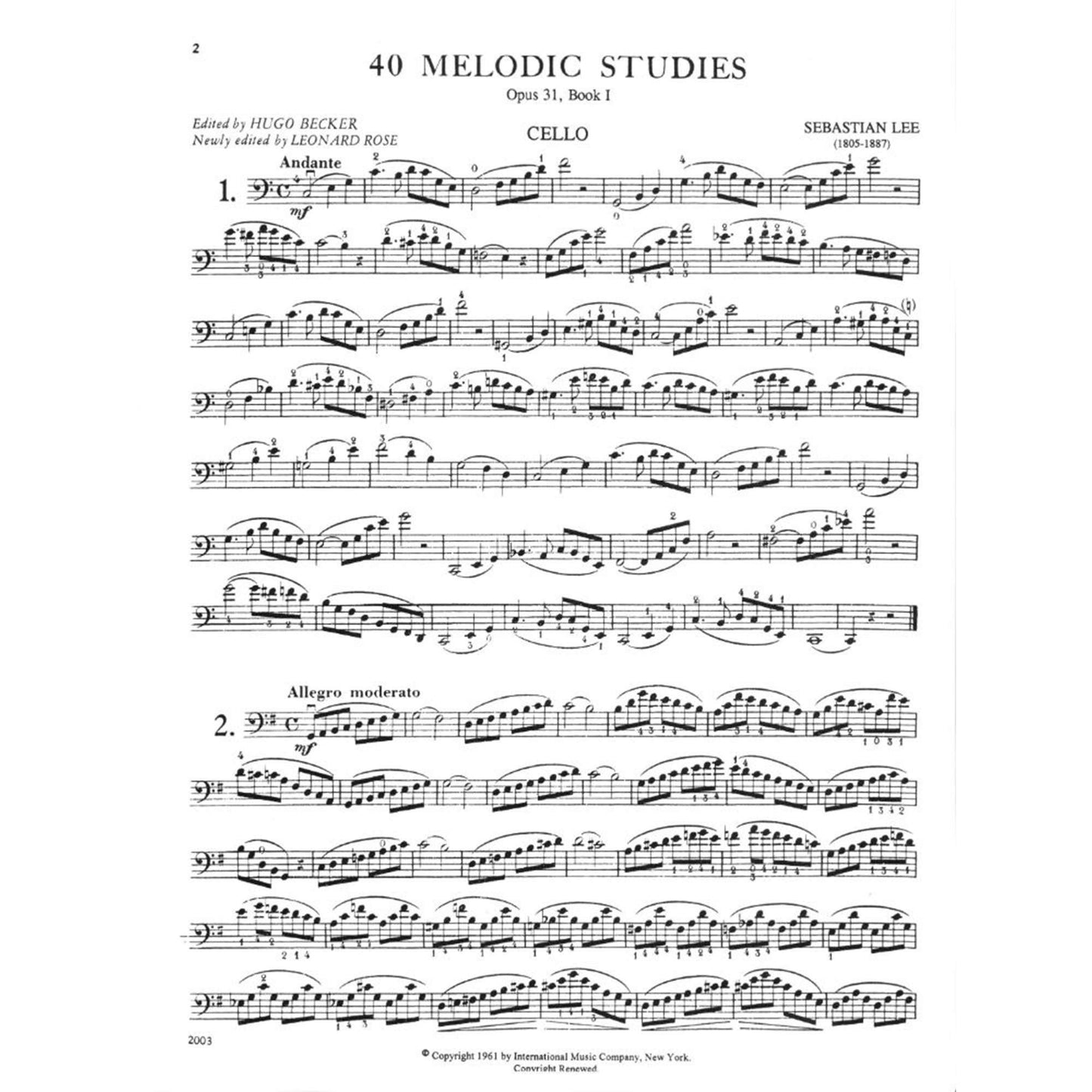 40 Melodic Progressive Etudes, op.31, Volume 1, Cello; Lee [Sheet music]