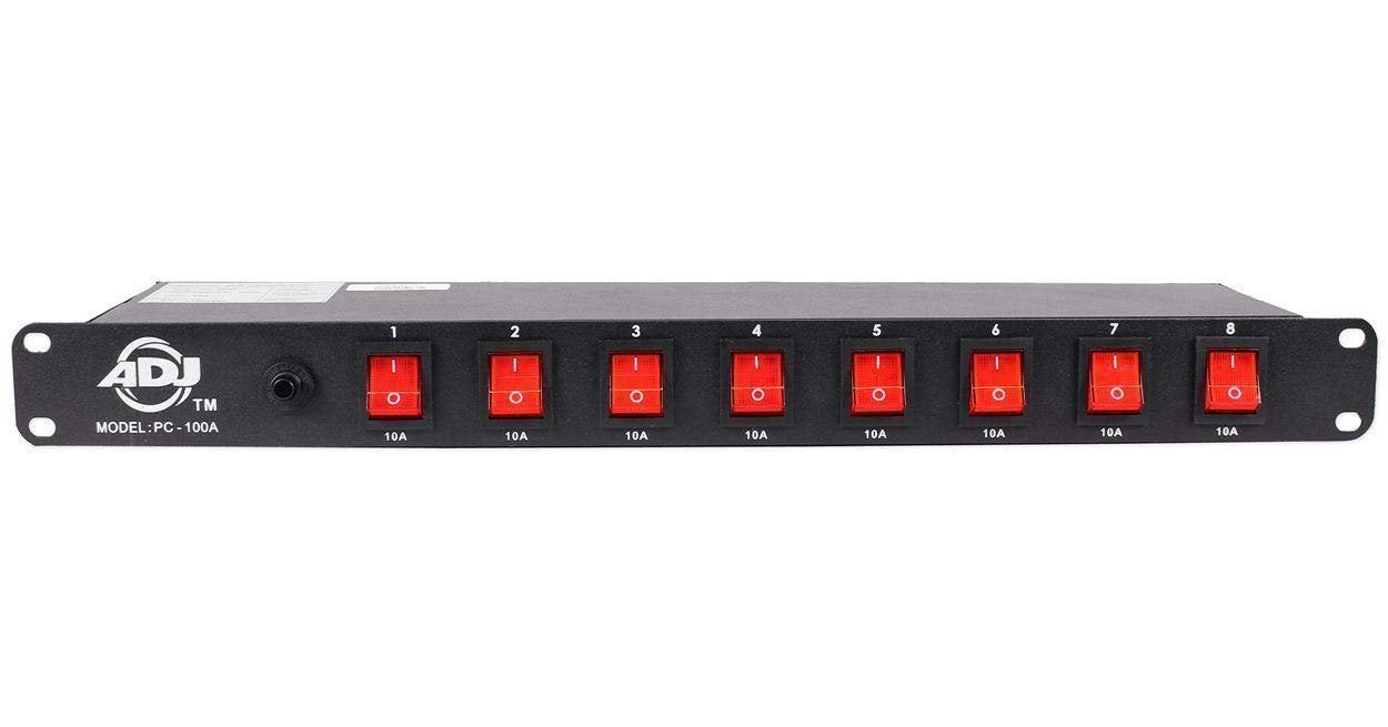 American DJ 8 channel AC power strip with 15 amp breaker and 8 on/off toggle switches. 19 inch rack mountable