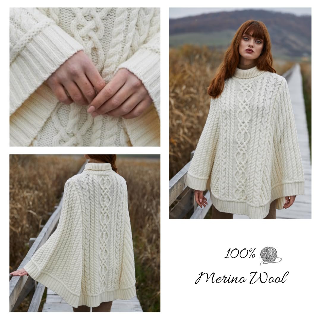 SAOL 100% Merino Wool Cable Knit Ladies Irish Aran Poncho Cardigan