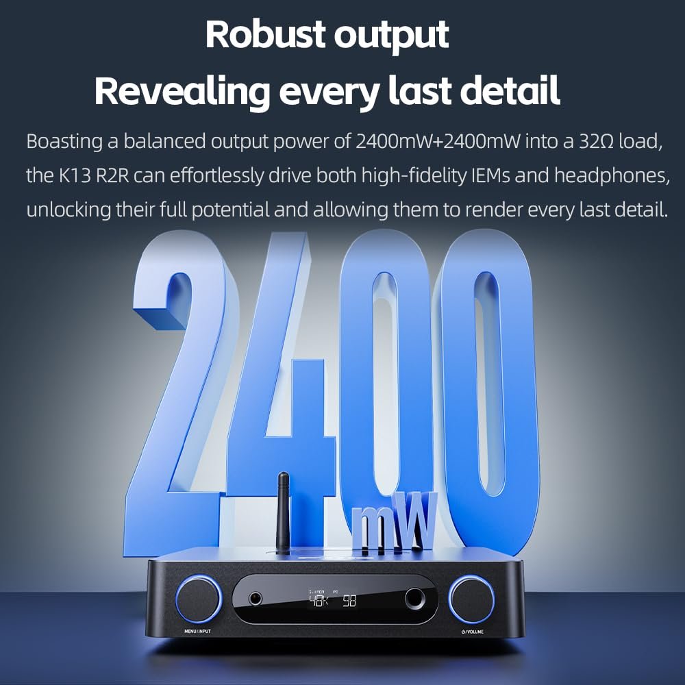 FiiO K13 R2R Desktop DAC & Headphone Amp, High-Fidelity 24Bit R2R DAC, Powerful 2400mW Output, LDAC Bluetooth Streaming, Dual Power Supply, 10-Band PEQ, Balanced XLR & RCA Audio Output