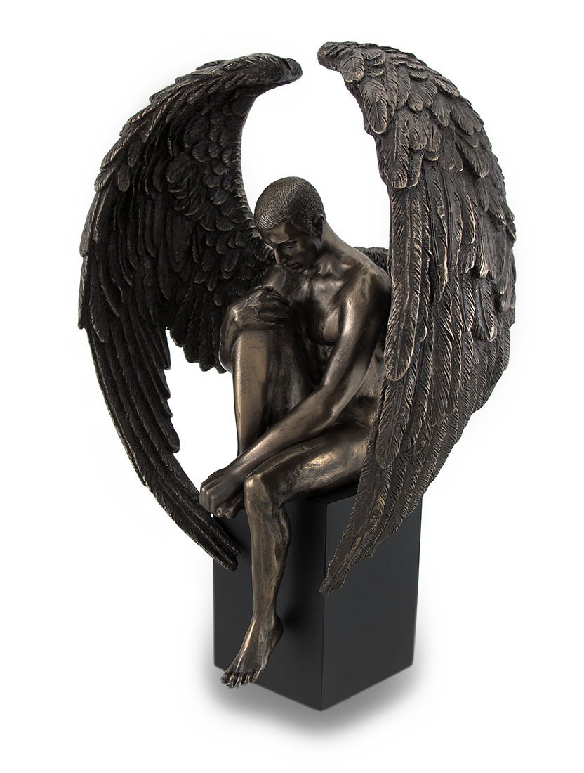 Unicorn Studios Bronze Finished Pensive Male Angel Statue On Black Base