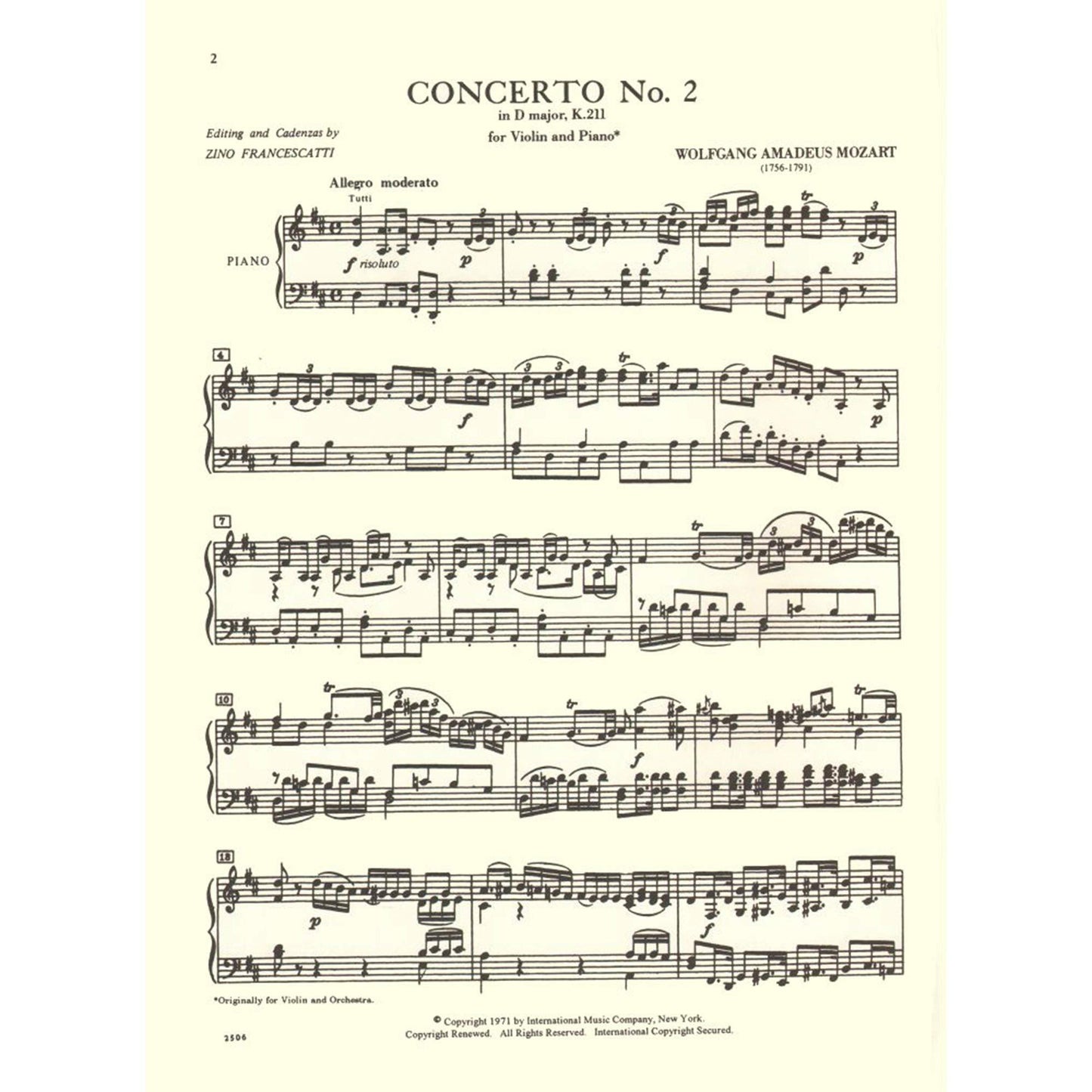 Mozart, WA - Concerto No 2 In D Major, K 211 - Violin and Piano - edited by Zino Francescatti - International Music Comp [Sheet music] [Sheet music] [Sheet music] [Sheet music] [Sheet music] [Sheet music] [Sheet music] [Sheet music] [Sheet music]...