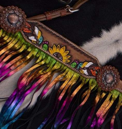 Showman Feather, Sunflower & Cactus Headstall & Breast Collar Set w/Metallic Rainbow Fringe
