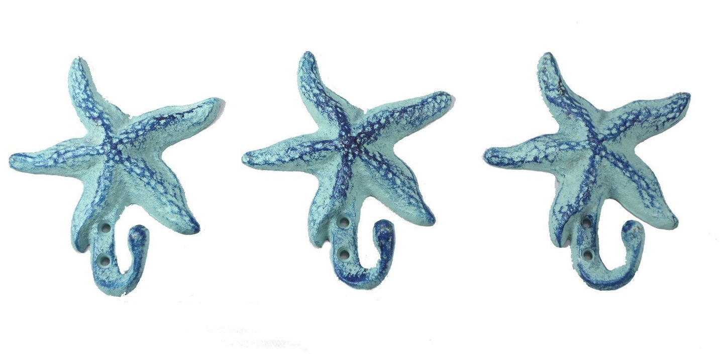 Starfish Cast Iron Wall Hooks Antique Blue - Set of 3 for Coats, Aprons, Hats, Towels, Pot Holders, More