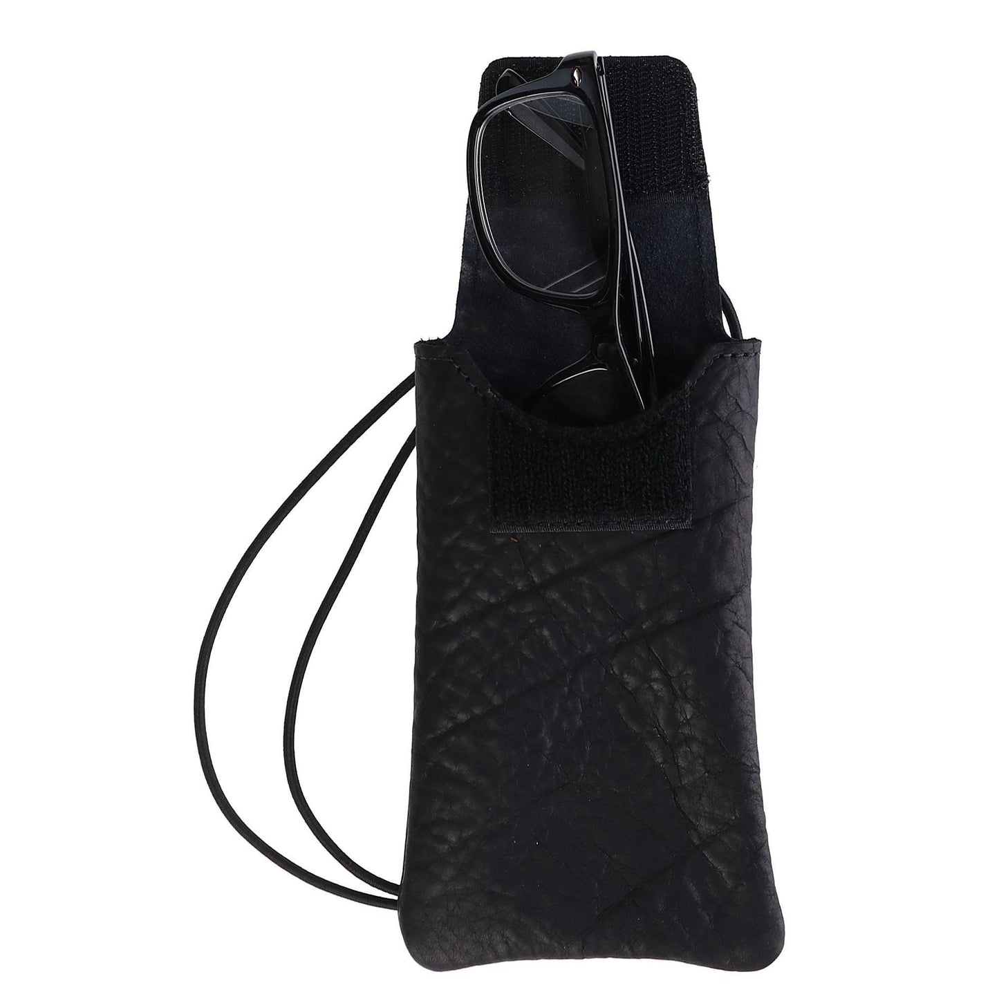 Boston Leather Textured Bison Leather Eyeglass Case with Neck String, Black