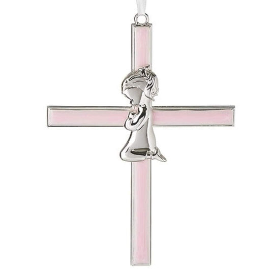 Roman Girl Kneeling to Pray Soft Pink and Silver 6 inch Zinc Alloy Metal Wall Cross