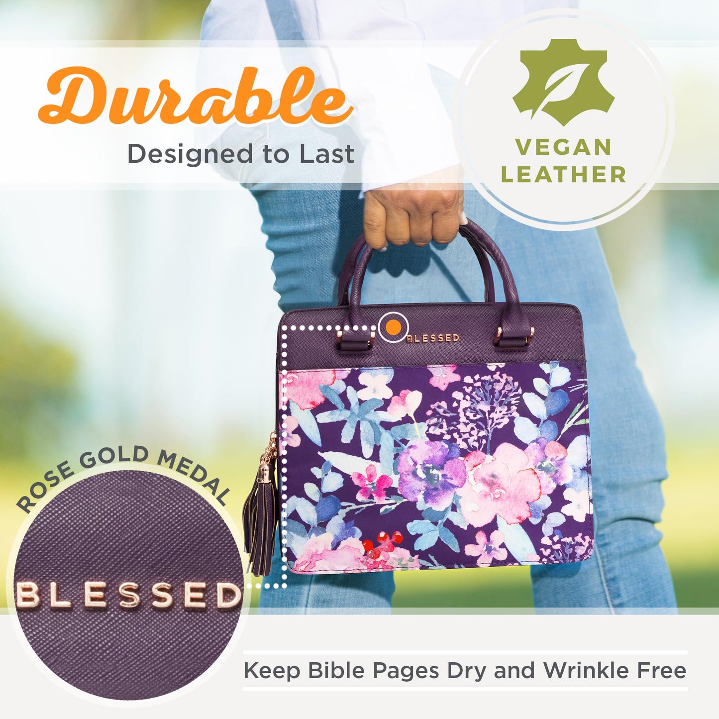 Christian Art Gifts Women's Fashion Bible Cover Purse Style Blessed, Purple/Pink Floral Faux Leather