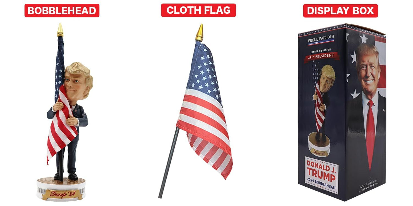 Proud Patriots Donald Trump Bobblehead | (Trump Holding American Flag - Cloth Flag Included)