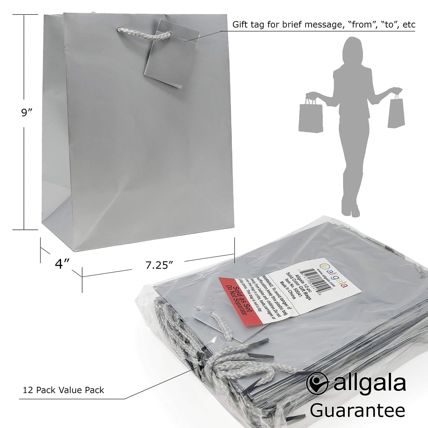 allgala 12PK Value Premium Solid Color Paper Gift Bags