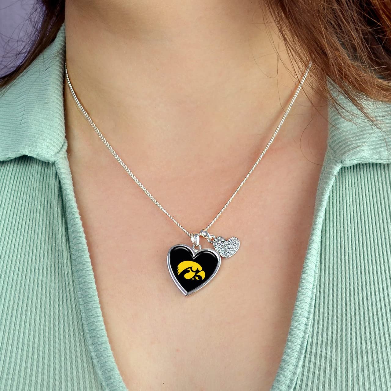 From the Heart Enterprises Iowa Hawkeyes Amara Crystal Heart Silver Chain Necklace Jewelry Gift, Black