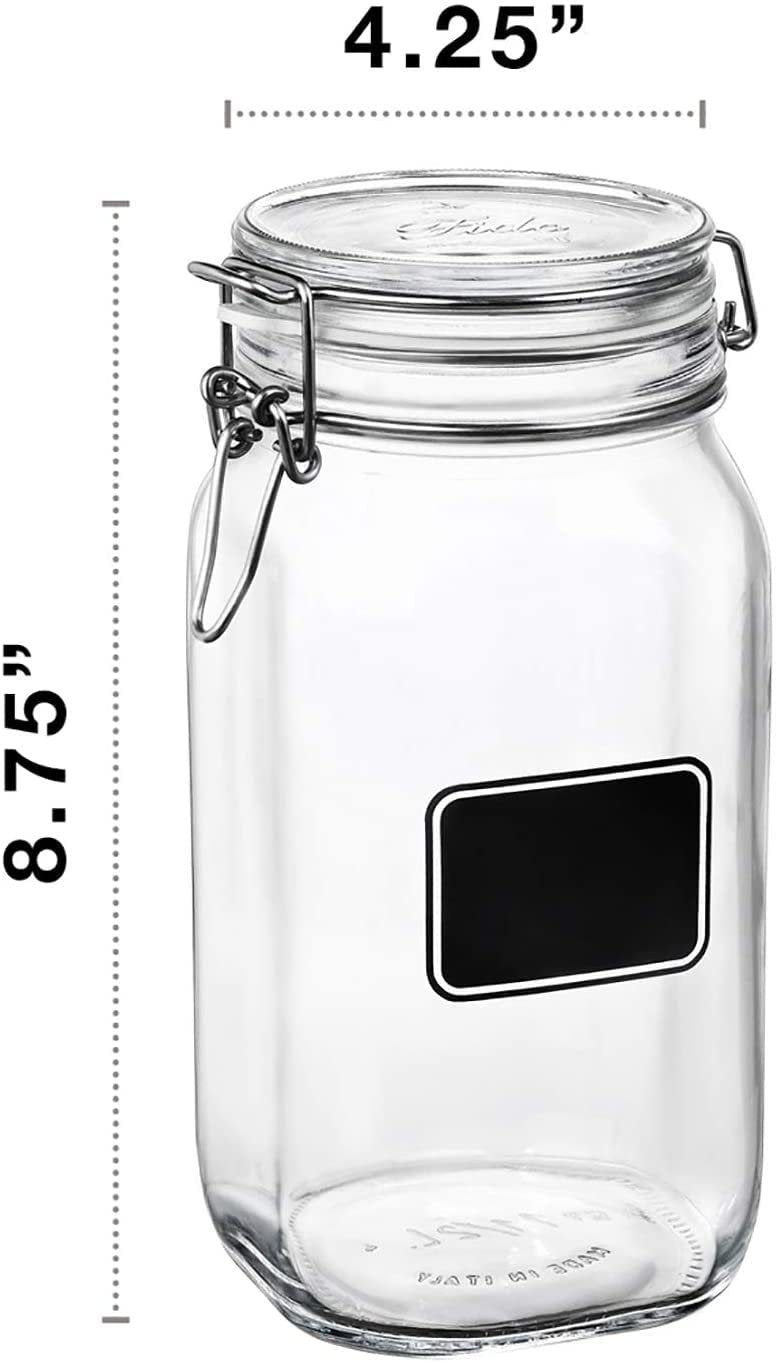 Bormioli Rocco Fido Collection, 2 Pack, 50.75 Oz. Food Storage Glass Jars, With Chalkboard, Airtight Rubber Seal & Glass Lid, With Steel Wire Clamp, Made In Italy.