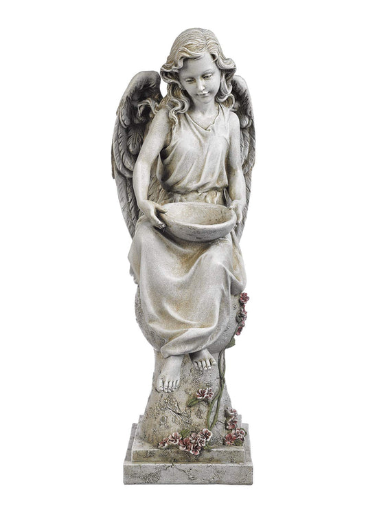 Joseph's Studio by Roman, Solar Angel with Small Bird Feeder Garden Statue, Religious Outdoor Decor