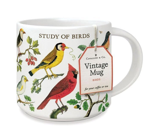 Cavallini Vintage Bird Design Mug, 14oz, Dishwasher and Microwave Safe, Decorative Gift Box Included