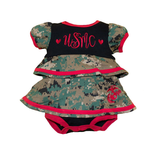TROOPER Woodland USMC Ruffle Dress for Baby Girls - Embroidered Logo & EGA Officially Licensed (9-12 Month) Camo