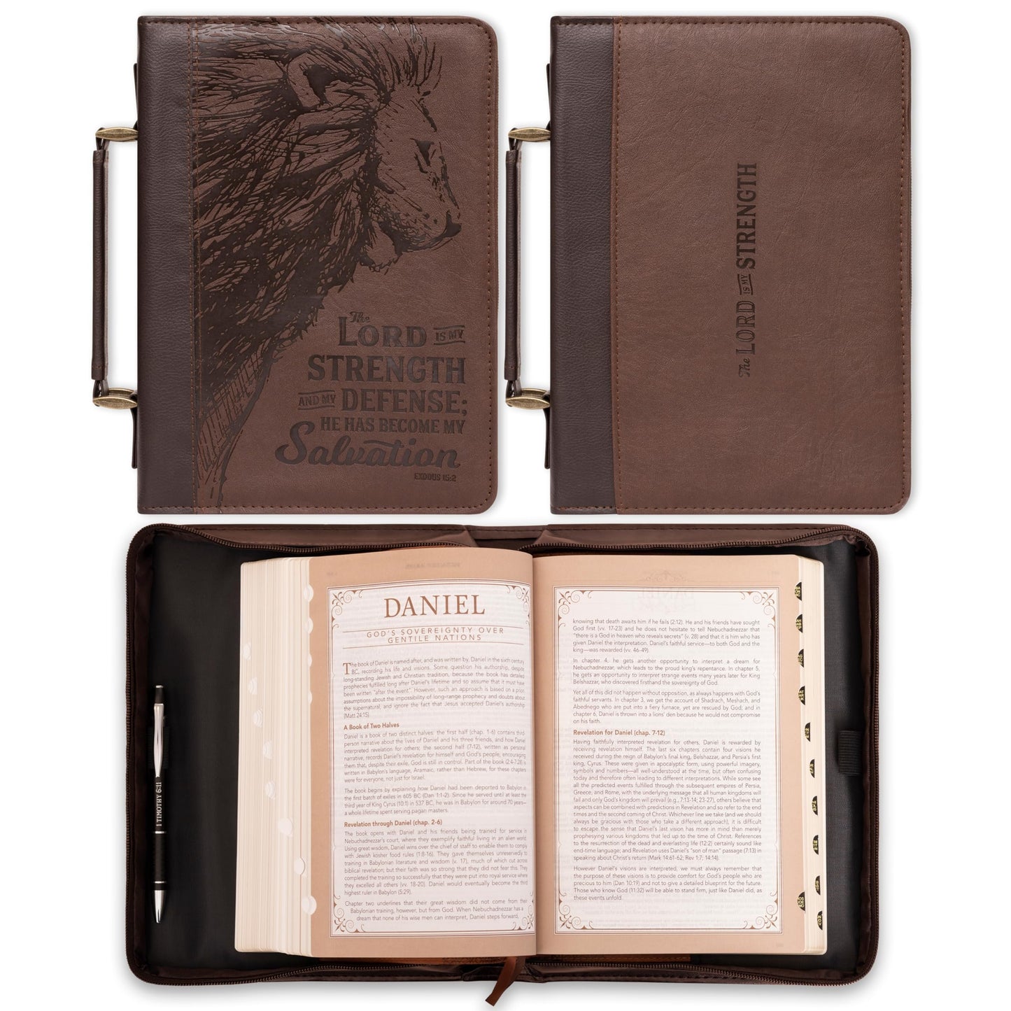 Christian Art Gifts Men's Classic Bible Cover The Lord is My Strength Lion Exodus 15:2, Brown Faux Leather