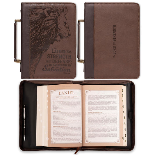 Christian Art Gifts Men's Classic Bible Cover The Lord is My Strength Lion Exodus 15:2, Brown Faux Leather