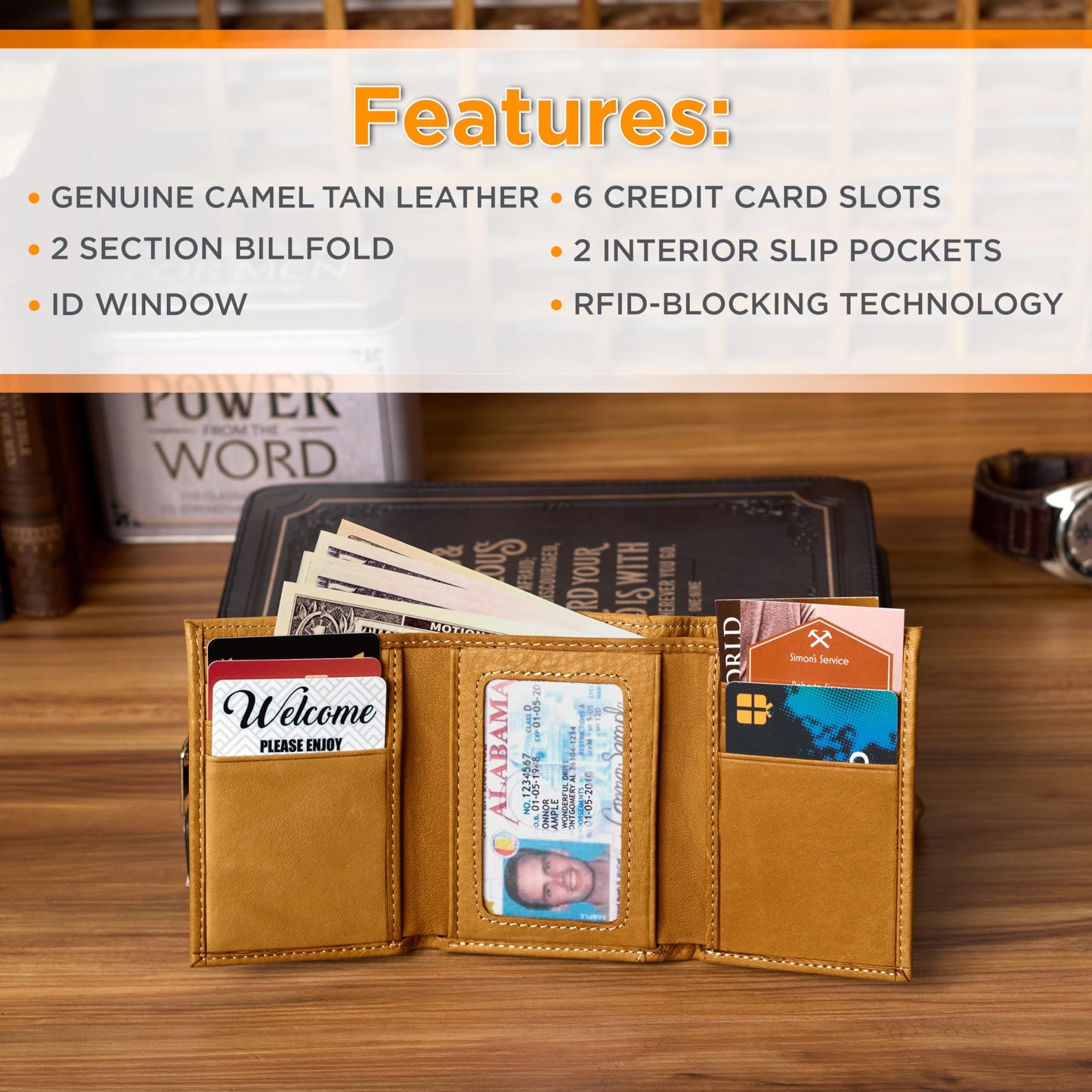 Christian Art Gifts Genuine Premium Full Grain Leather RFID Blocking Silver Engraved Cross Wallet for Men: Multi Pocket Billfold w/Removable ID Window Accessory for Credit Cards, Bills, Photos, Black