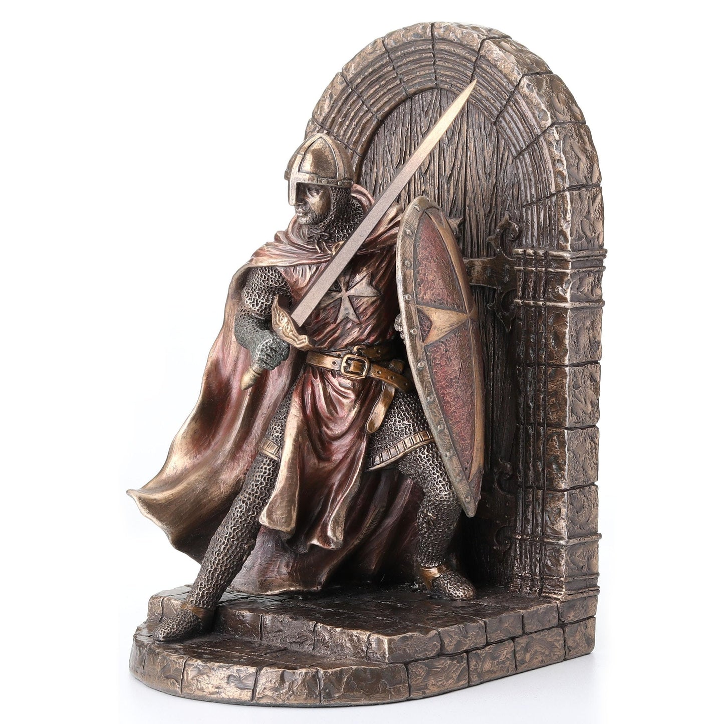 Maltese Crusader Statue in Armor Guarding Door Holding Shield & Sword Bronze Finish Resin Bookend 7.5 Inches High