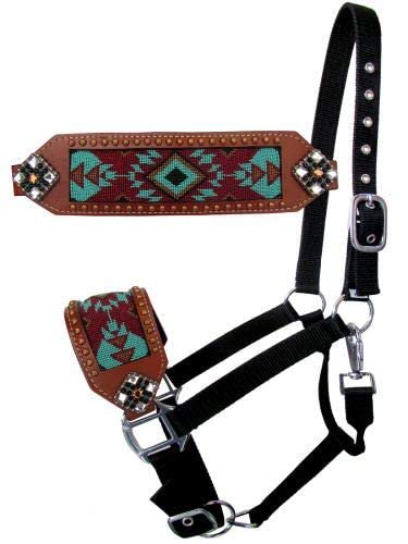 Showman Bronc Halter w/Turquoise & Burgundy Beaded Navajo Design