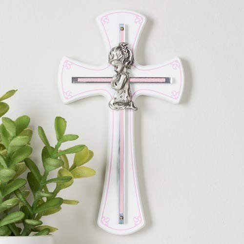 McVan Praying Girl Cross on White Wood