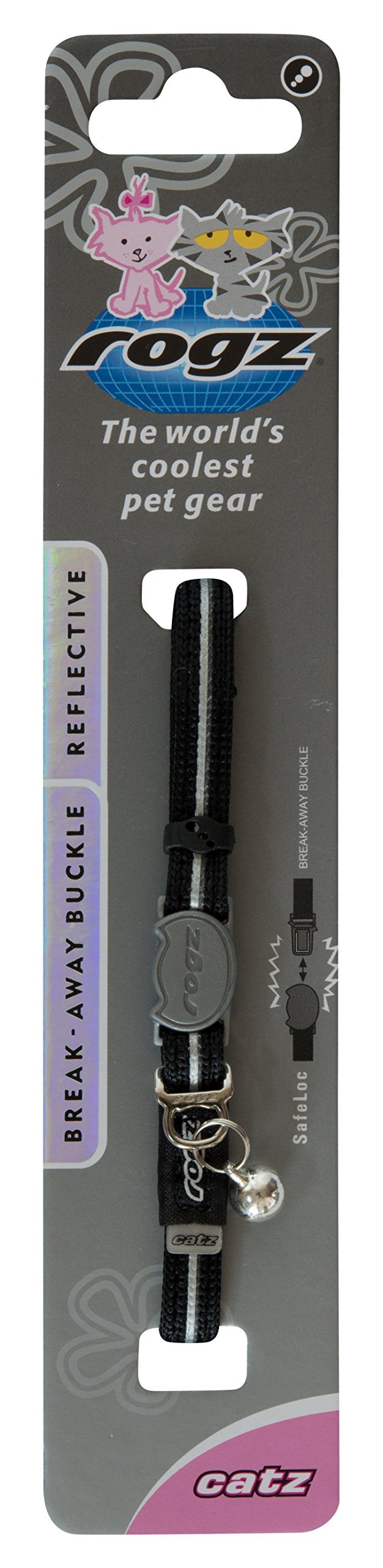 Rogz Catz AlleyCat Extra Small 5/16" Breakaway Reflective Kitten Collar, Black Reflective
