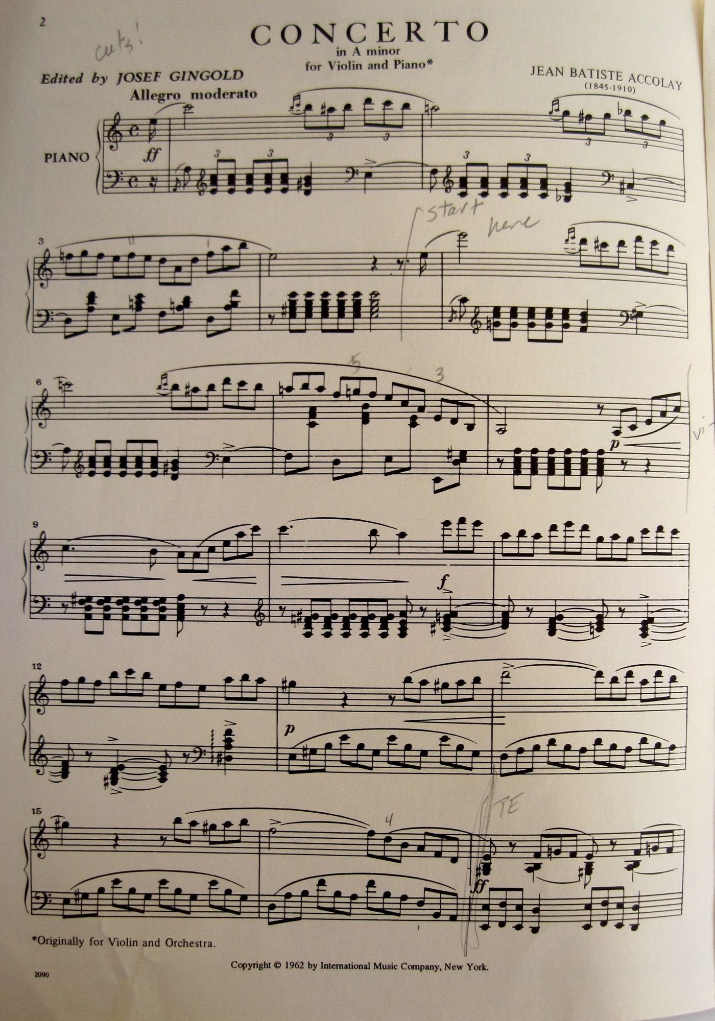 ACCOLAY CONCERTO NO.1 IN A MINOR for Violin & Piano