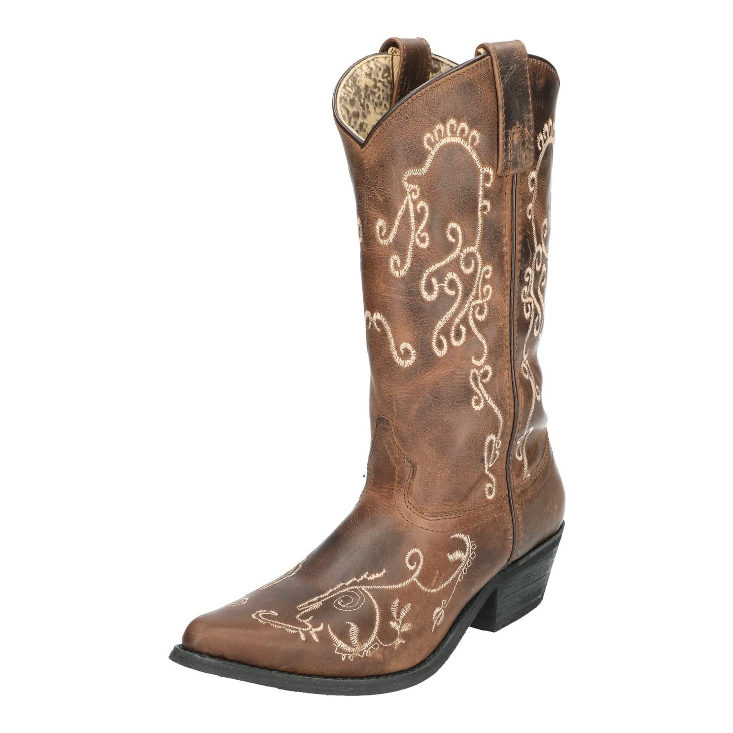 Smoky Mountain Women's Jolene Pull On Embroidered Snip Toe Brown Waxed Distress Boots 9.5M