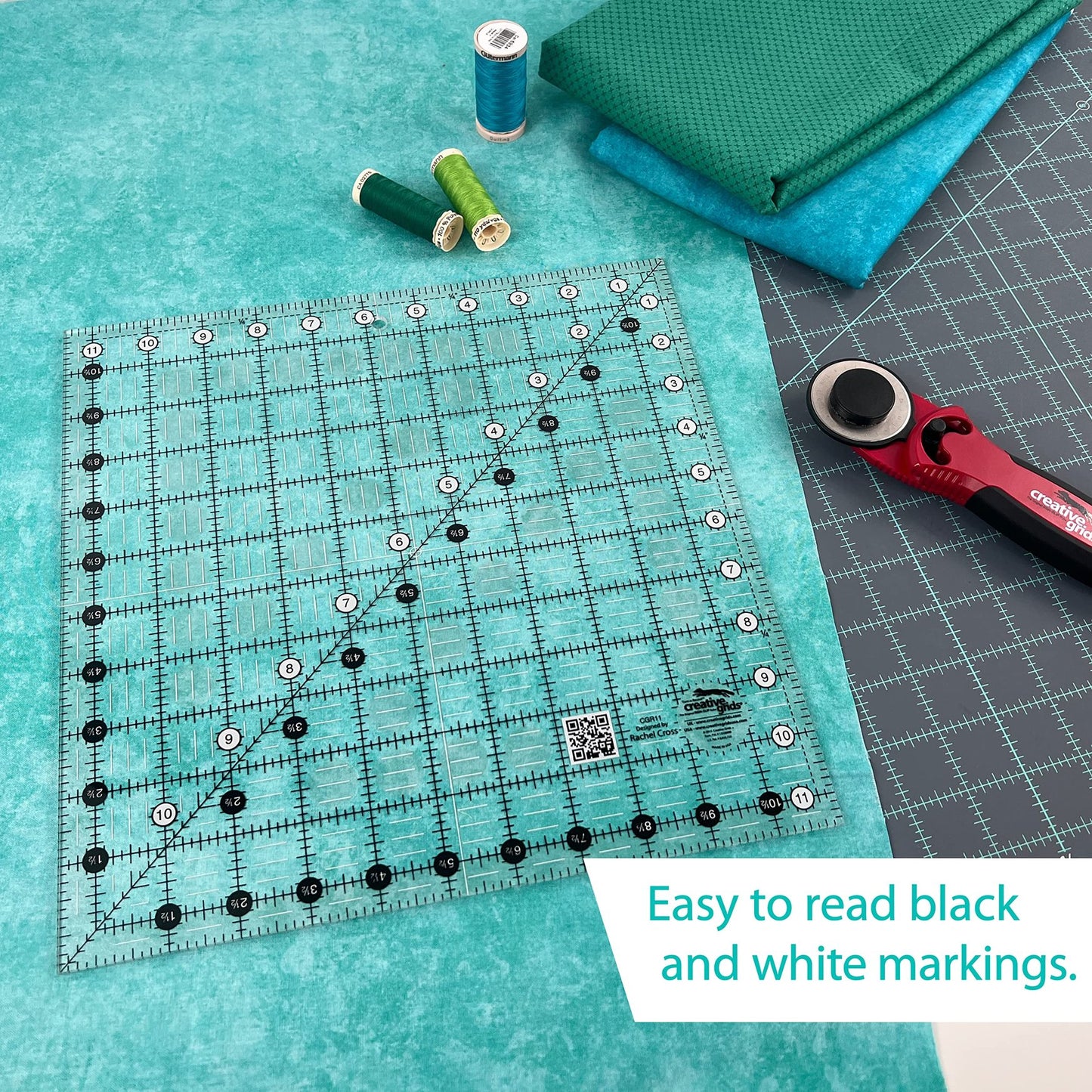Creative Grids Quilt Ruler 11-1/2in x 11-1/2in Square – CGR11 – Made in USA, Non-Slip Grip Acrylic Quilting, Sewing, Crafting, Patchwork Ruler for Measuring & Cutting Fabric