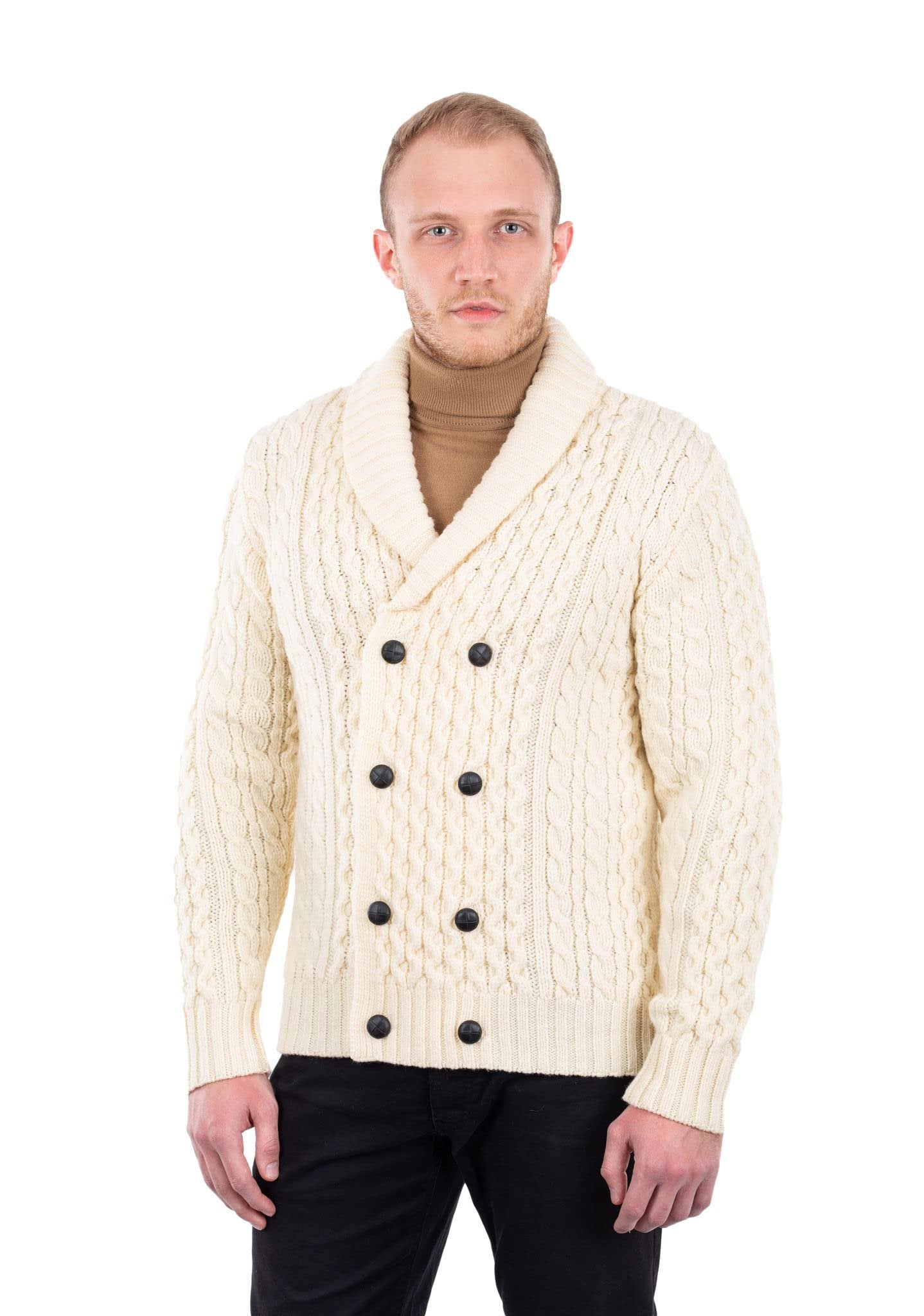 SAOL 100% Merino Wool Double Breasted Shawl Cardigan with Buttons for Men's (US, Alpha, Large, Regular, Regular, Natural)