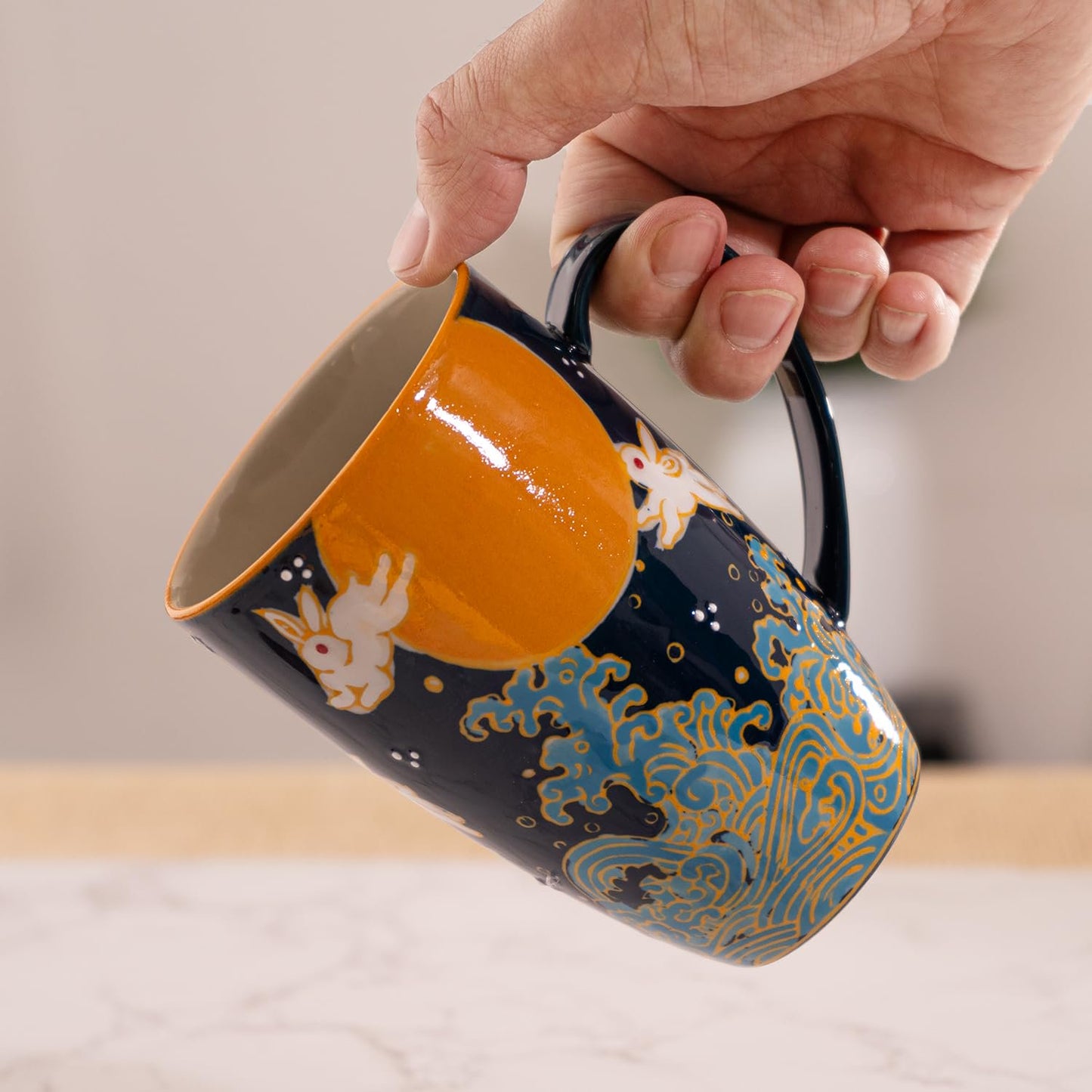 Urban Tokyo Tea Mug With Lid and Stainless Steel Infuser For Loose Leaf Tea Bag Tea Cup 15oz Porcelain Hot Beverage Everyday Use Home Office (Moon Rabbit)