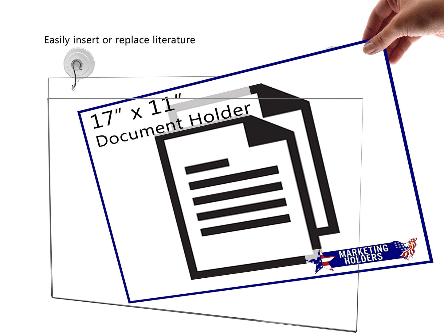 Marketing Holders Window Sign Holder 17" x 11" with 2 Predrilled Holes and Suction Cups with Hooks for Seating Charts and Directional Signs in Arenas and Theaters Clear Acrylic Horizontal Sleeve