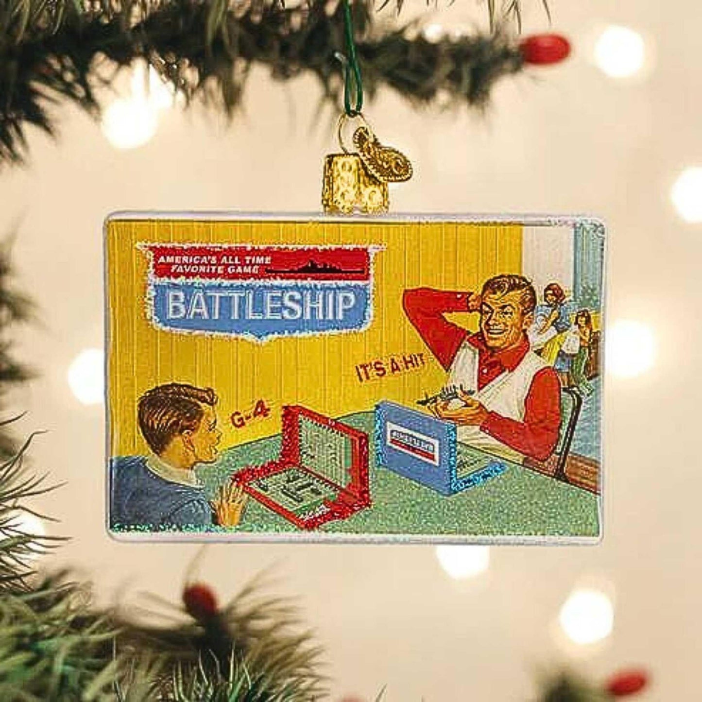 Old World Christmas Battleship Glass Blown Ornament for Christmas Tree, Handcrafted Holiday Decoration, Hasboro Games Collection