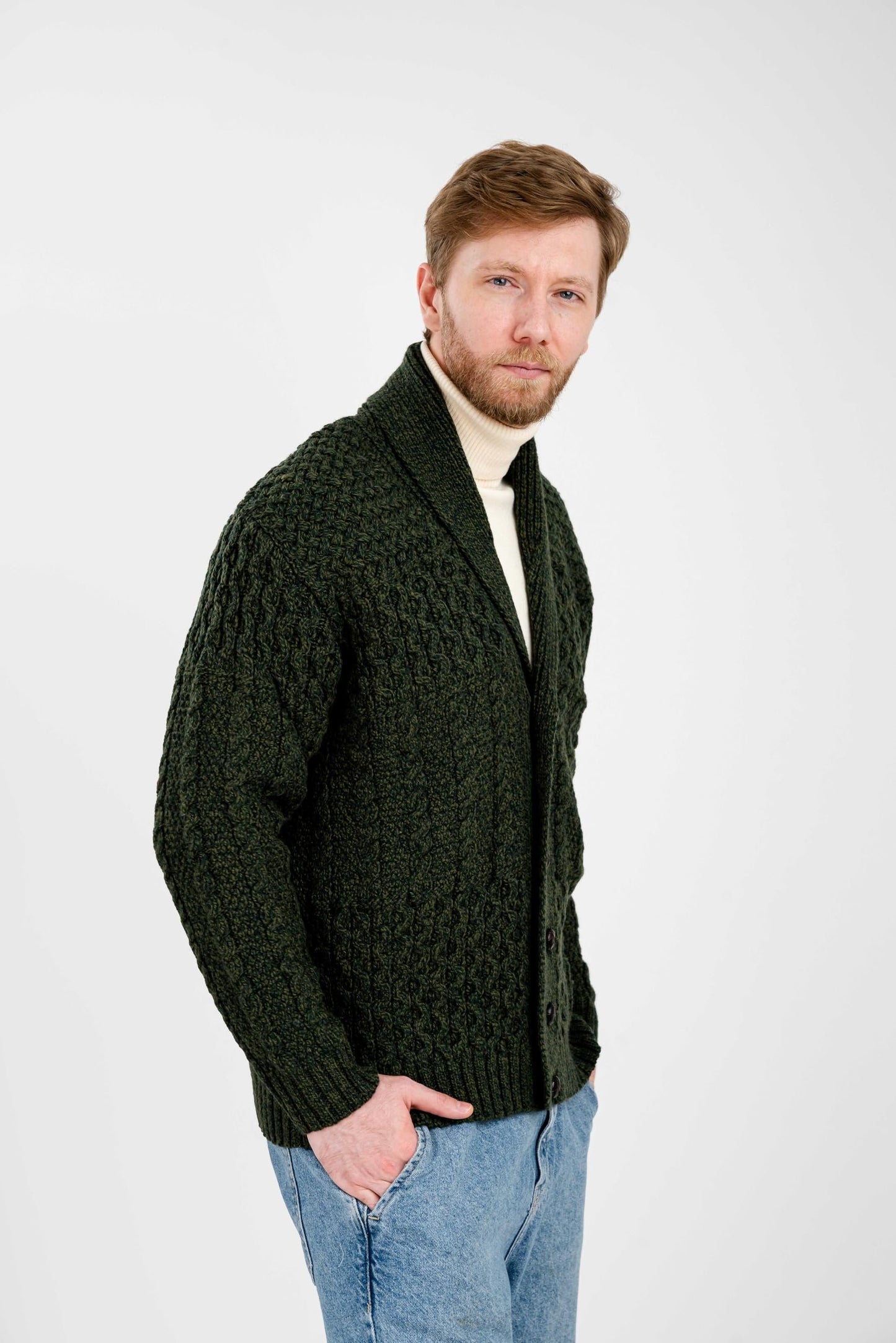 SAOL Men's Cardigan Merino Wool Knit Shawl Collar Casual Sweater with Buttons