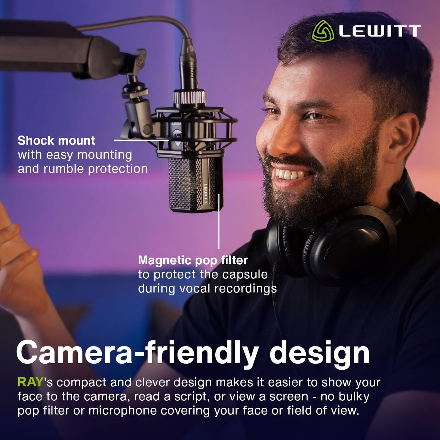 Lewitt RAY Microphone with Autofocus for Your Voice - Mute by Distance and Mute Button - for Podcasts, Streaming, Content and Music in Studio Quality - 1" Studio Condenser Capsule