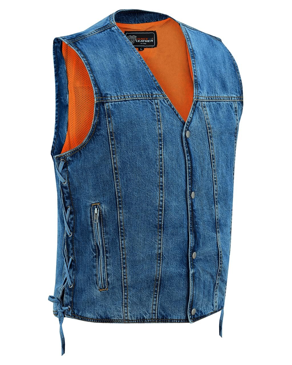 Vance Men's V-Neck Denim Vest for Motorcycle Riders with Conceal Carry Pockets