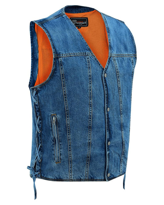 Vance Men's V-Neck Denim Vest for Motorcycle Riders with Conceal Carry Pockets