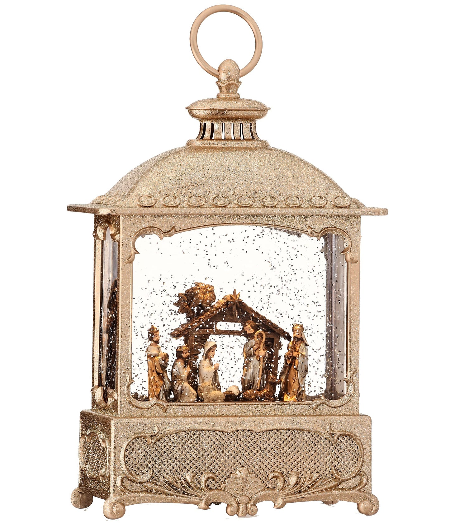 Regency International Nativity Square Lantern Globe, 12 inches, Champagne Gold, Led Lights, USB or Battery Operated with Timer