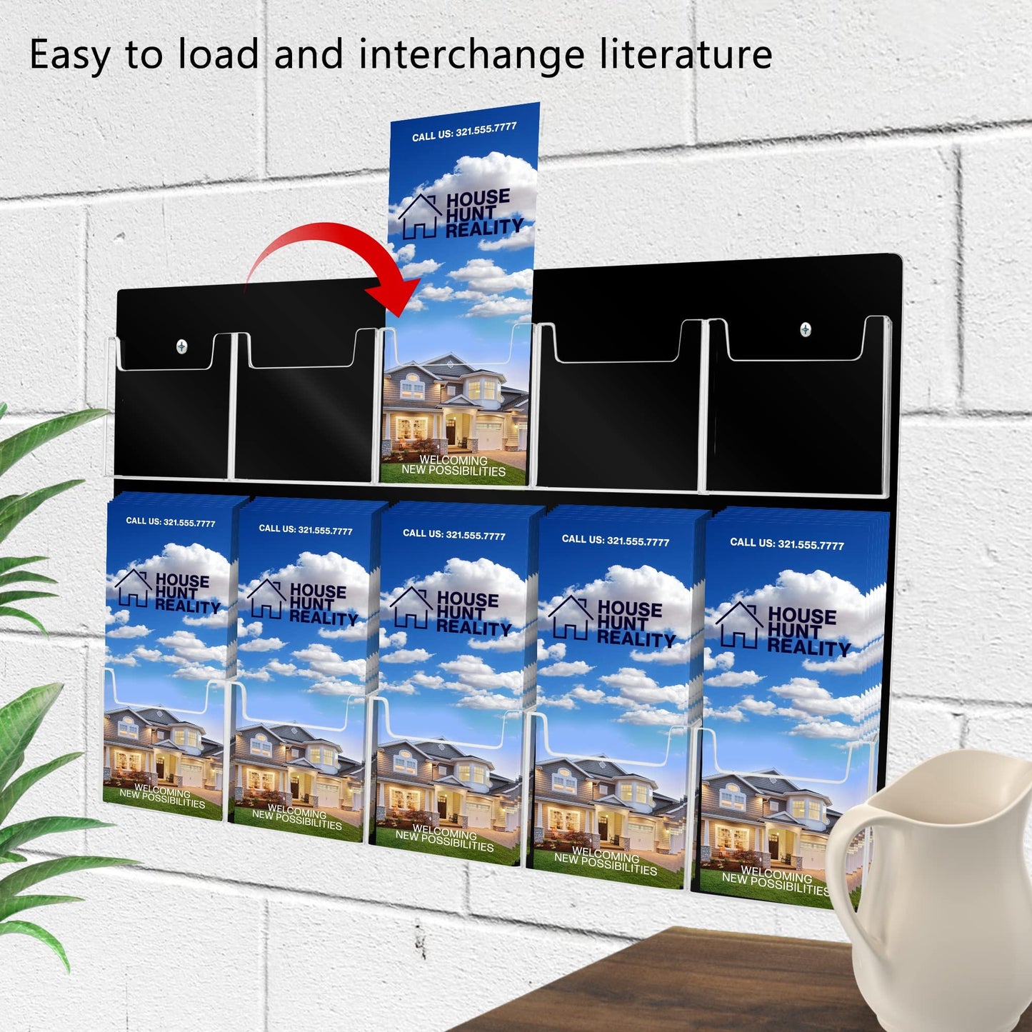 Marketing Holders Brochure Holder Wall Hanging with Hardware for 4" Trifolds 10 Slot Rack Black PVC Backing with Clear Pockets for Maps and Menus