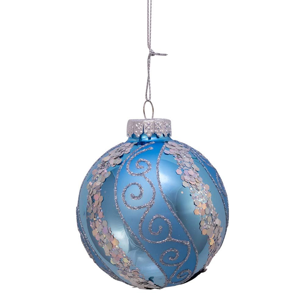 Kurt Adler 80MM Silver Blue with Glitter and Sequins Glass Ball Ornaments, 6 Piece Box