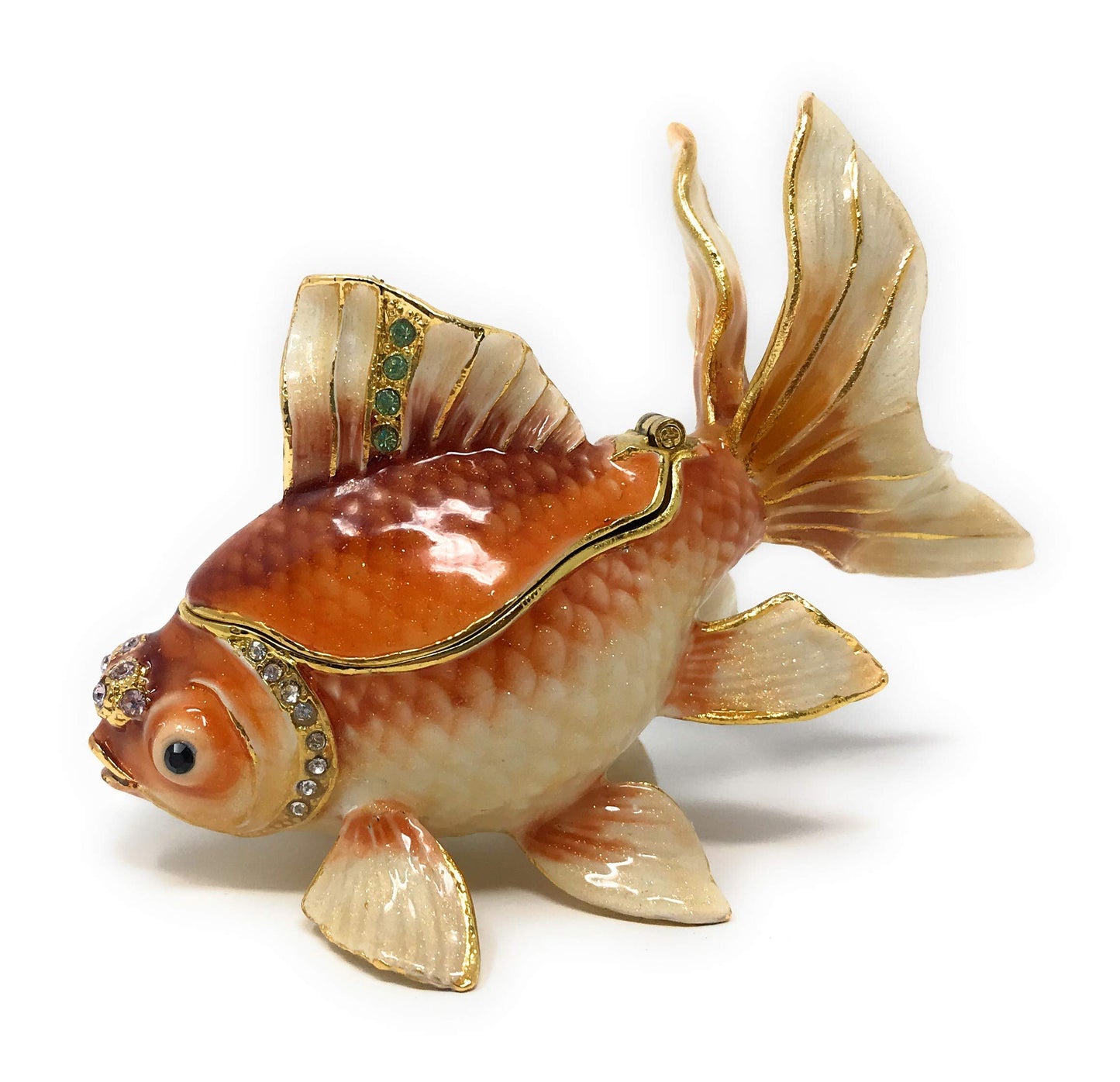 Kubla Crafts Enameled Fantail Koi Goldfish Trinket Box, Accented with Austrian Crystals, 3.5 Inches Long