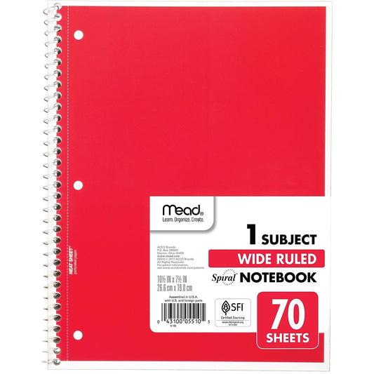 Mead Spiral Notebook, 1-Subject, Wide Rule, 70 Sh, 10-1/2"x8", Ast. - Pack of 1