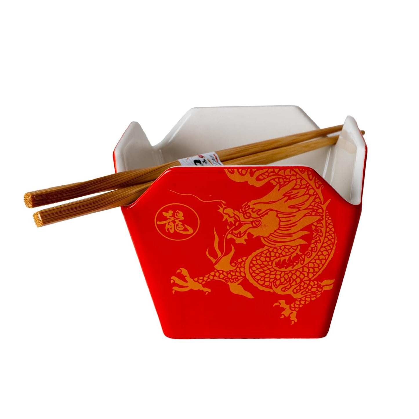 Urban Tokyo Chinese Takeout Box Style Porcelain Bowl With Chopsticks 18 fl oz Square Box Shape Rice Noodles Pasta To Go Box Shaped Bowl Microwave Dishwasher Safe (Classic Pagoda)