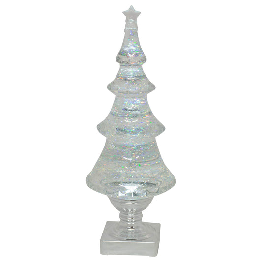 Roman LED Light-up Glitter Holiday X-mas Tree, 14" Tall Silver and Clear