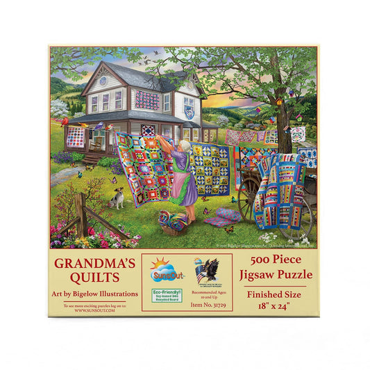 SUNSOUT INC - Grandma's Quilts - 500 pc Jigsaw Puzzle by Artist: Bigelow Illustrations - Finished Size 18" x 24" - MPN# 31729
