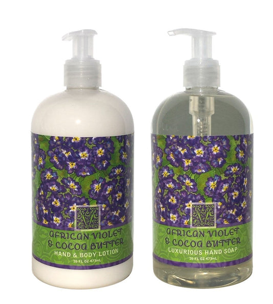 Greenwich Bay AFRICAN VIOLET COCOA BUTTER Hand & Body Lotion and Hand Soap Duo Set Enriched With Shea Butter 16 oz ea.
