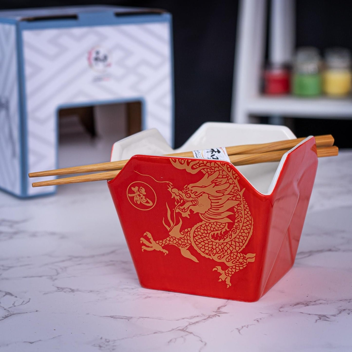 Urban Tokyo Chinese Takeout Box Style Porcelain Bowl With Chopsticks 18 fl oz Square Box Shape Rice Noodles Pasta To Go Box Shaped Bowl Microwave Dishwasher Safe (Classic Pagoda)